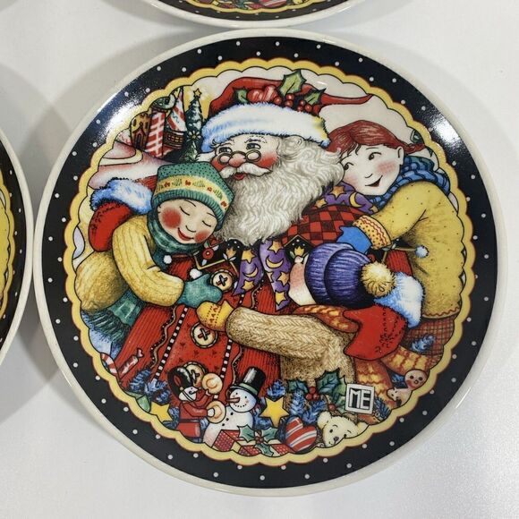 Mary Engelbreit Christmas Santa & Kids 7” Appetizer Salad Side Plates Set Of 4 - Picture 5 of 7